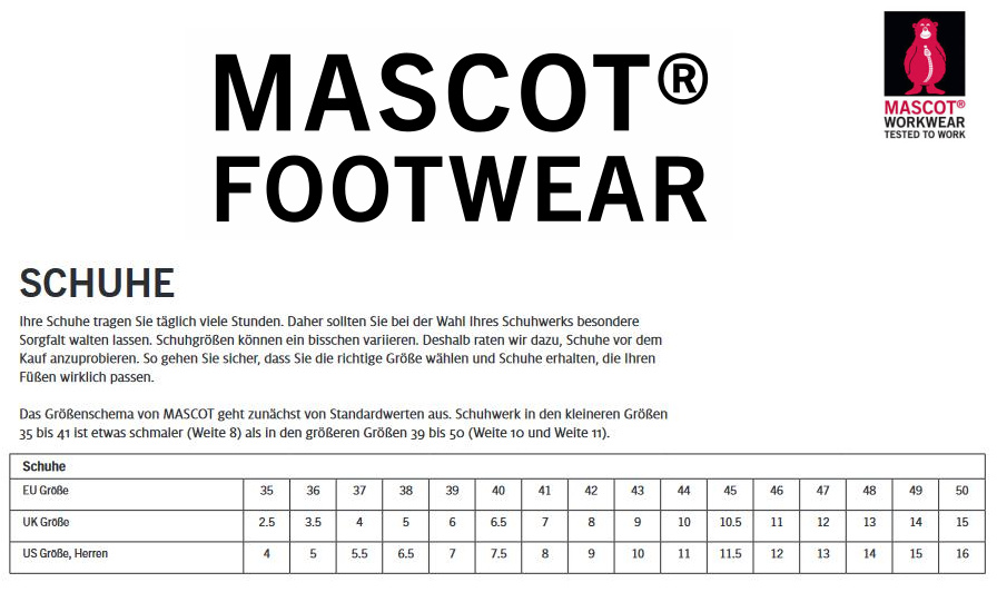Schuhtabelle Mascot